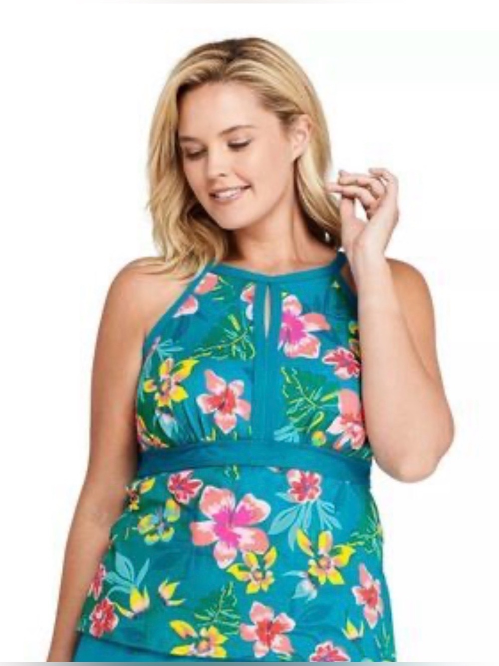 Lands' End Ladies Plus Keyhole High Neck Tankini Top/Skort Tropical/Blue 18W DD